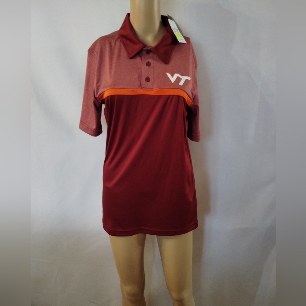 NWT Virginia Tech Hokies VT Polo Shirt Small Maroon Orange 100% Polyester